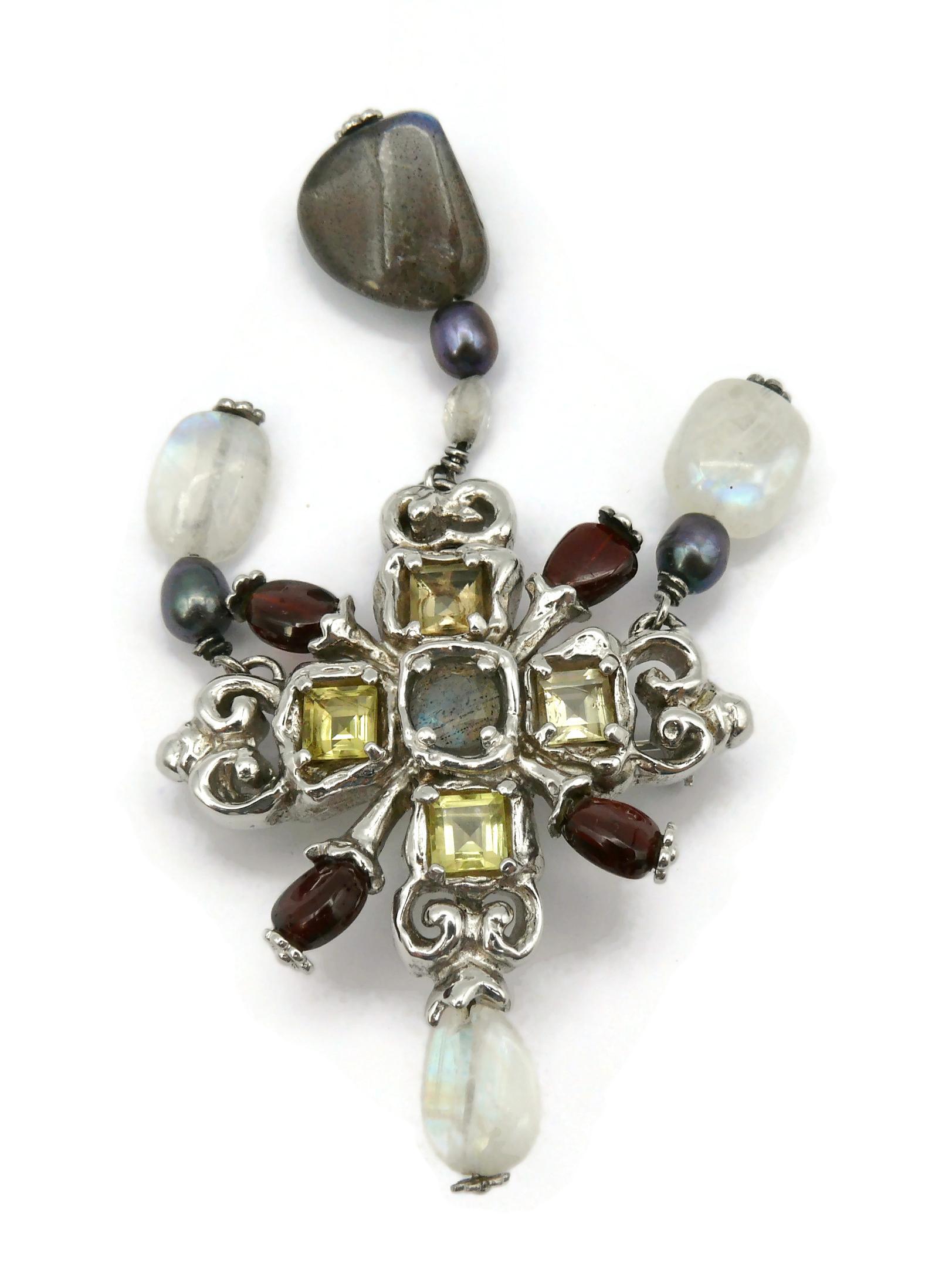 CHRISTIAN LACROIX Vintage Jewelled Sterling Silver Cross Brooch Pendant For Sale 2