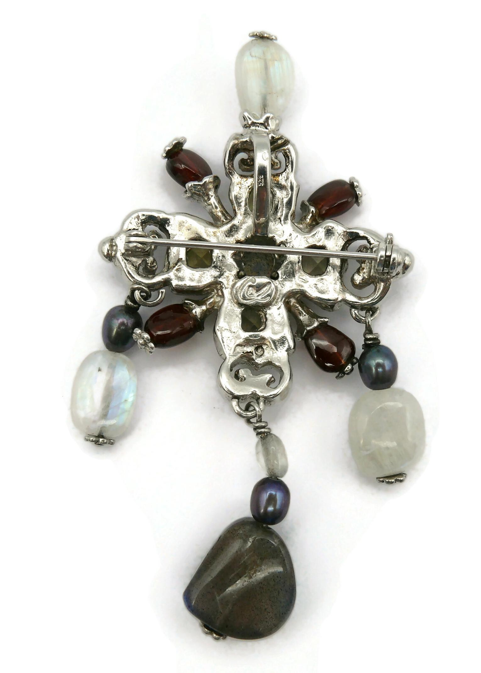 CHRISTIAN LACROIX Vintage Jewelled Sterling Silver Cross Brooch Pendant For Sale 3