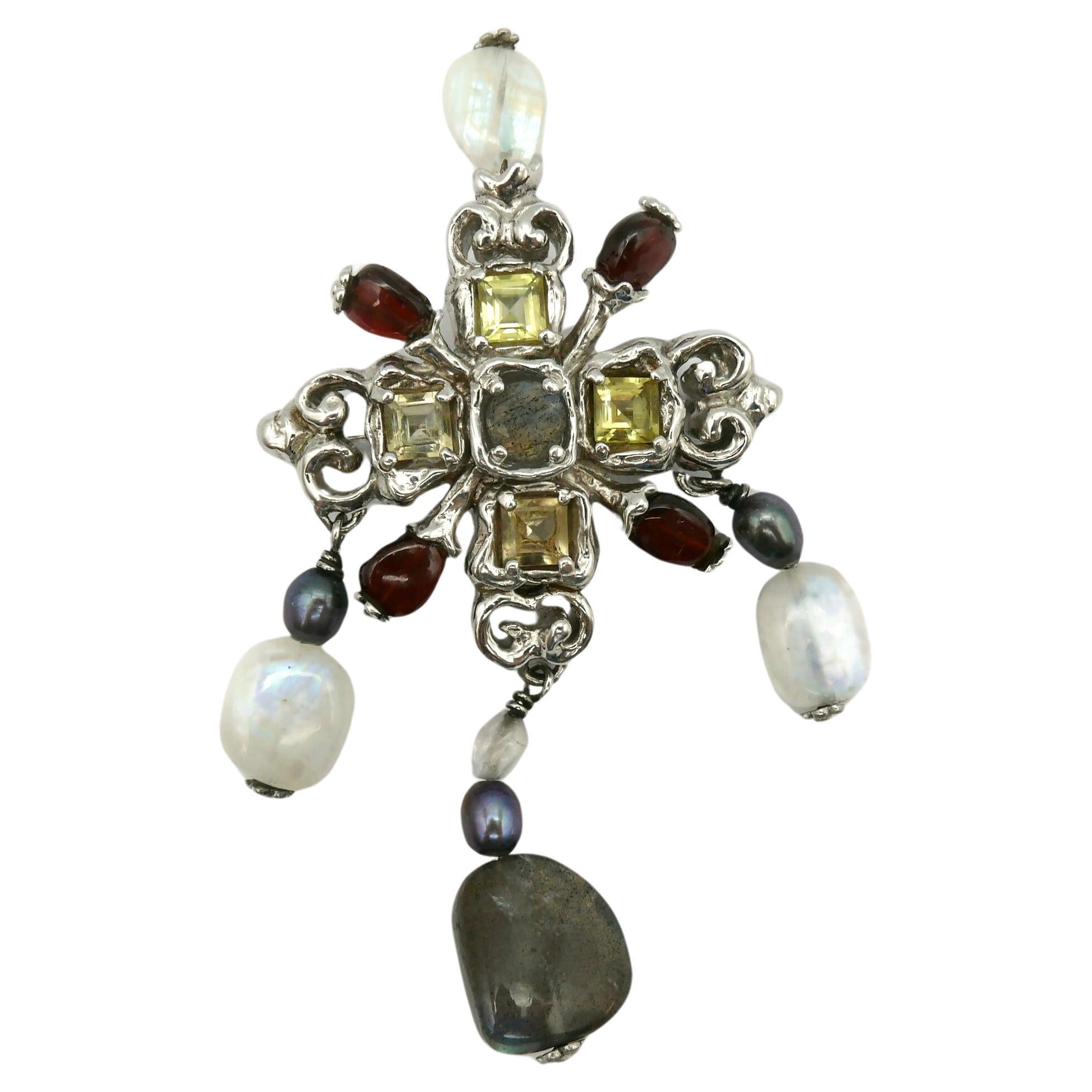 CHRISTIAN LACROIX Vintage Jewelled Sterling Silver Cross Brooch Pendant For Sale