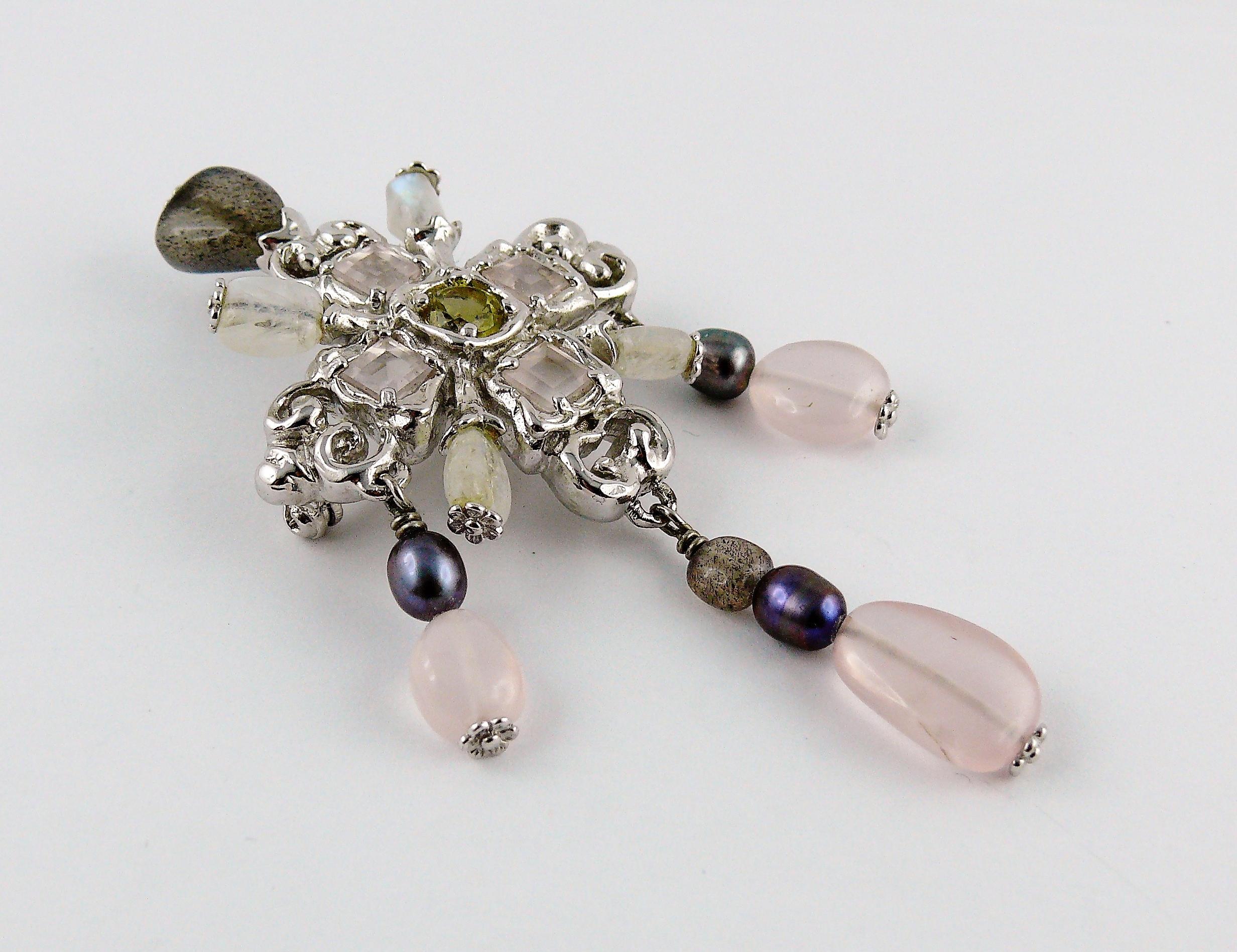 Christian Lacroix Vintage Jewelled Sterling Silver Cross Pendant Brooch In Excellent Condition In Nice, FR