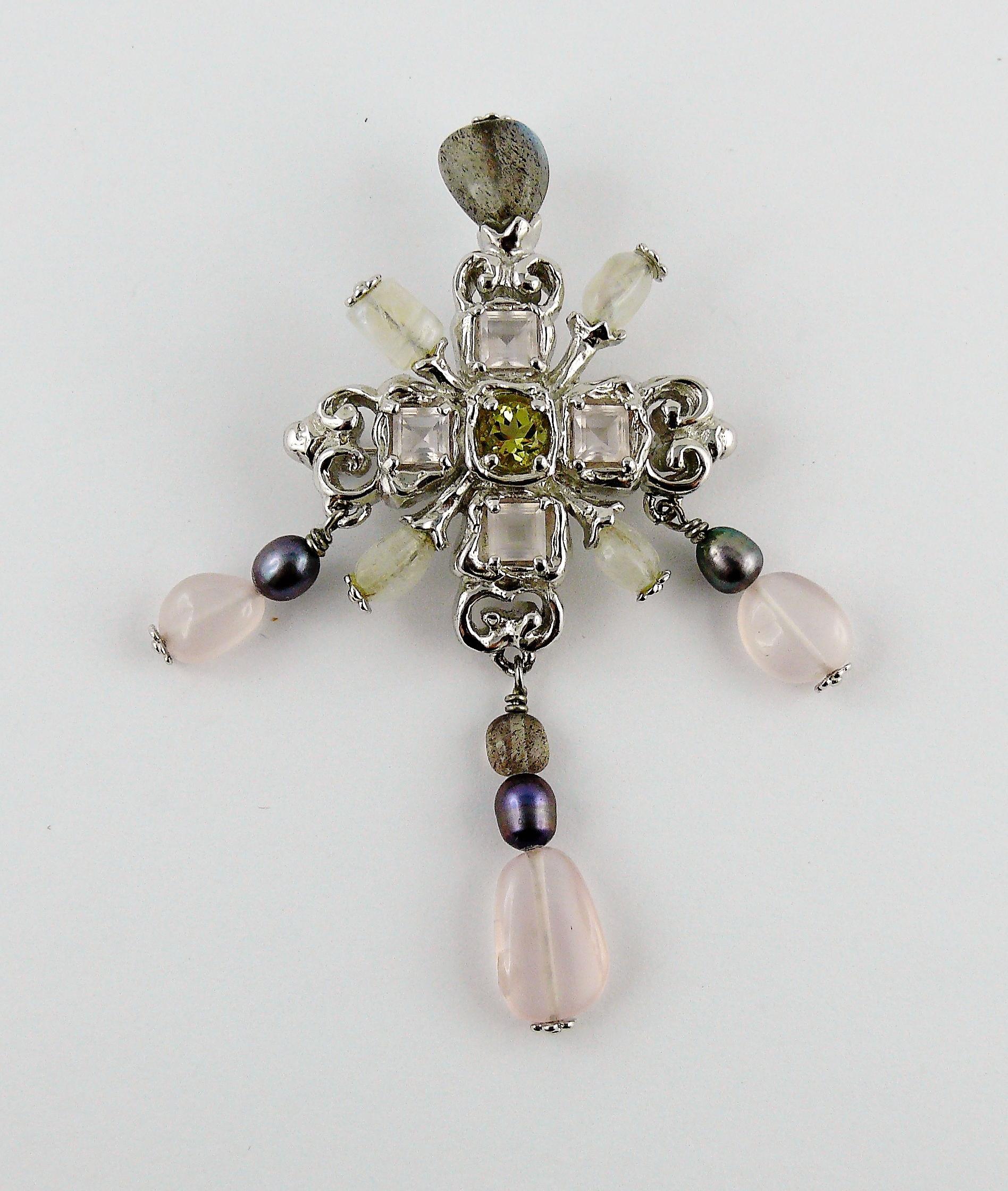 Women's or Men's Christian Lacroix Vintage Jewelled Sterling Silver Cross Pendant Brooch