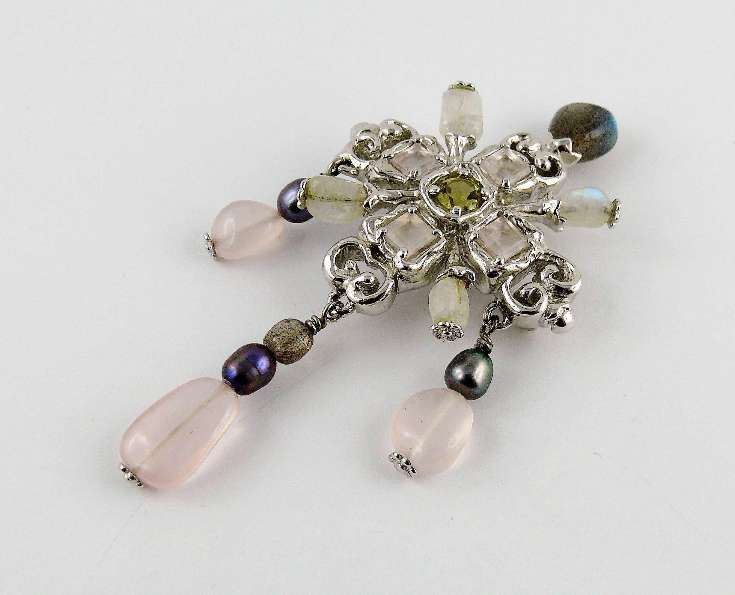 Christian Lacroix Vintage Jewelled Sterling Silver Cross Pendant Brooch 1