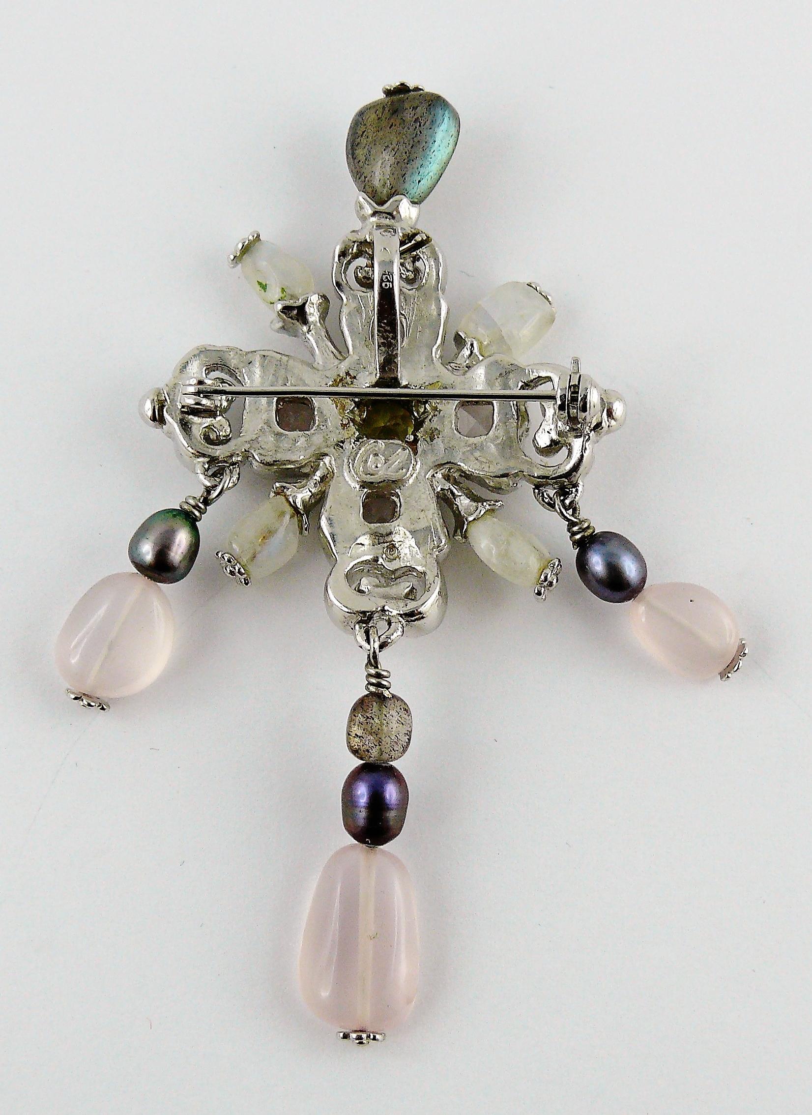 Christian Lacroix Vintage Jewelled Sterling Silver Cross Pendant Brooch 2
