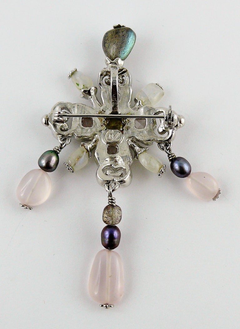 Christian Lacroix Vintage Jewelled Sterling Silver Cross Pendant Brooch