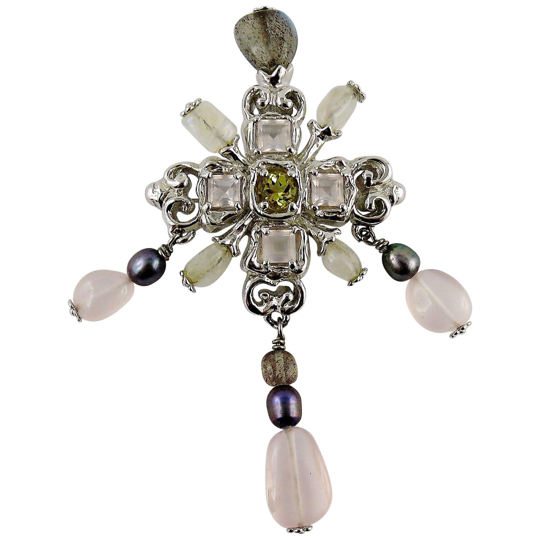 Christian Lacroix Vintage Jewelled Sterling Silver Cross Pendant Brooch