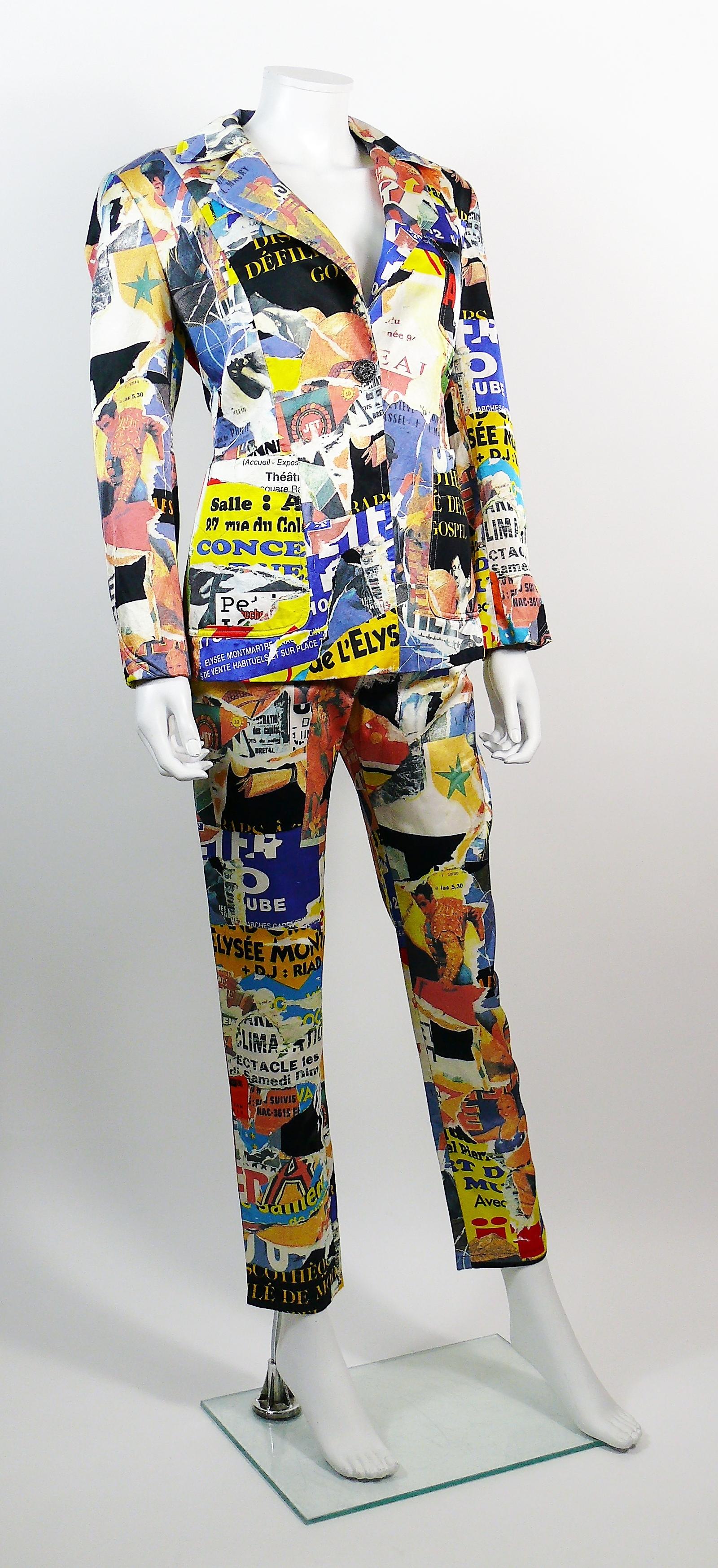 CHRISTIAN LACROIX vintage rare colourful Pop Art blazer and pant suit featuring a stunning lacerated retro poster print all over in vibrant colors.

Label reads BAZAR de CHRISTIAN LACROIX.
Made in France.

BLAZER
Missing size label (please refer to