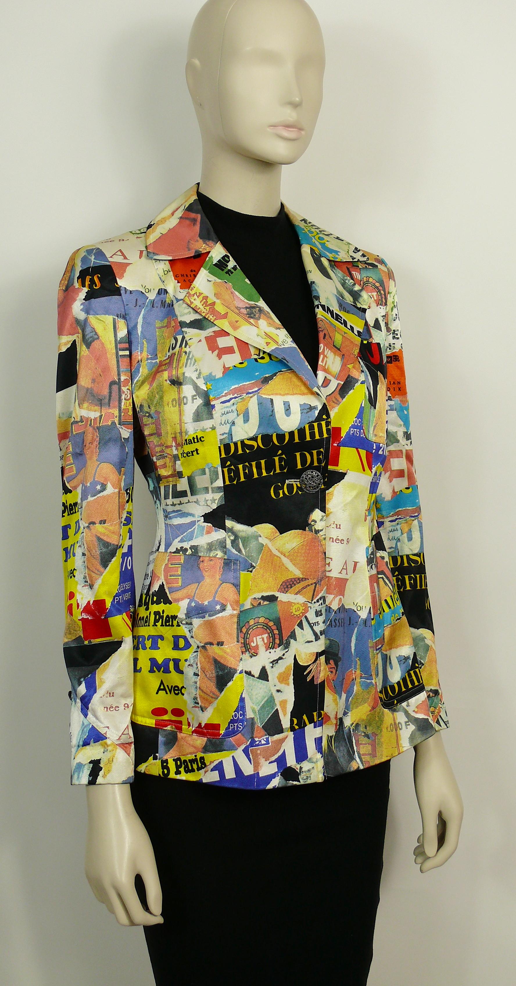 CHRISTIAN LACROIX vintage colourful Pop Art blazer featuring a stunning lacerated retro poster print all over in vibrant colors.

Label reads BAZAR de CHRISTIAN LACROIX.
Made in France.

Size label reads : 38.

Composition label reads : 61 % Cotton