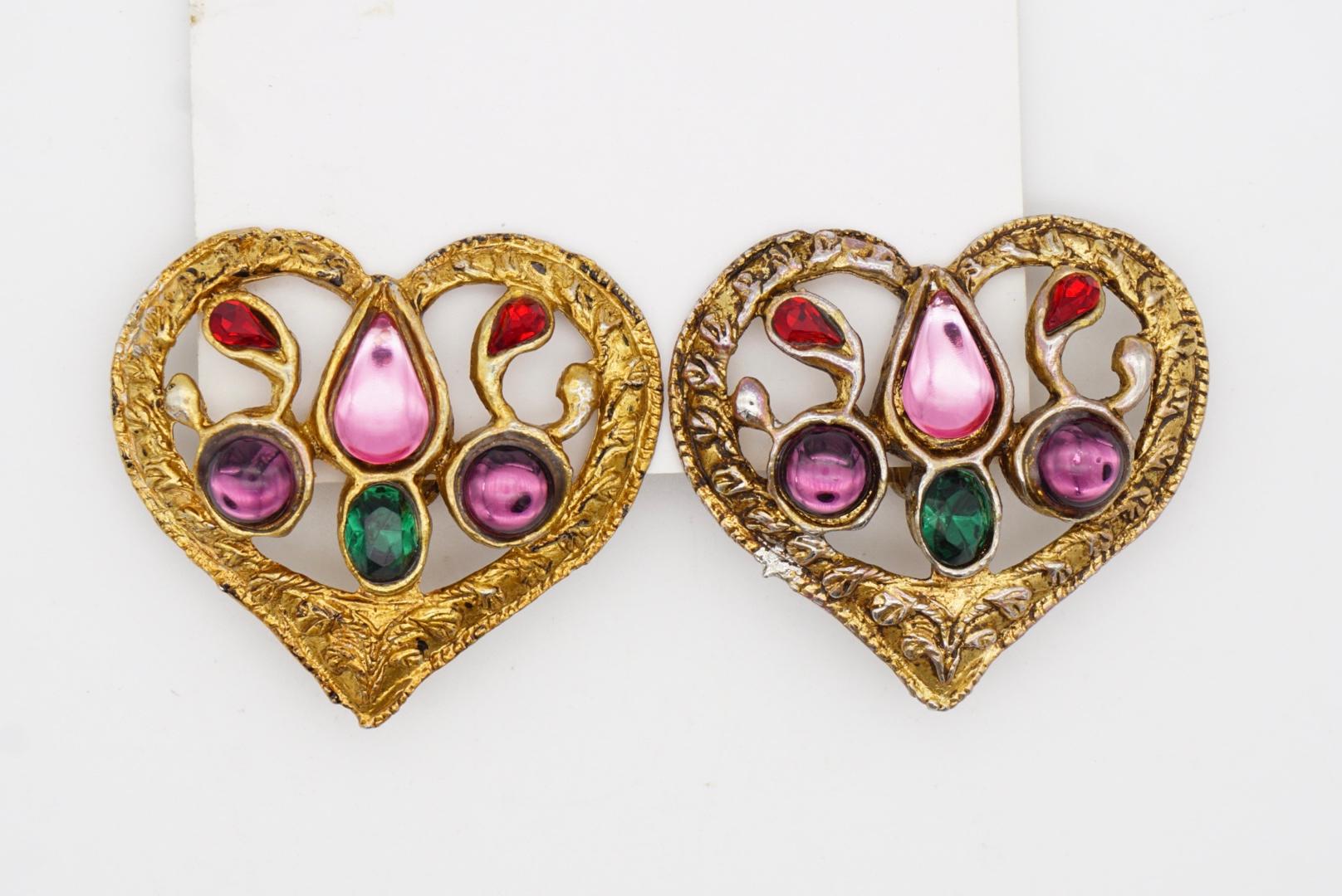 Christian Lacroix Vintage Large Amethyst Emerald Ruby Openwork Heart Earrings For Sale 5