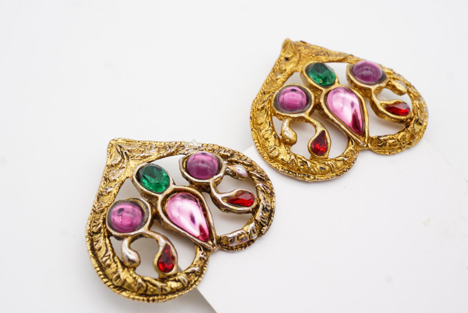 Christian Lacroix Vintage Large Amethyst Emerald Ruby Openwork Heart Earrings For Sale 6