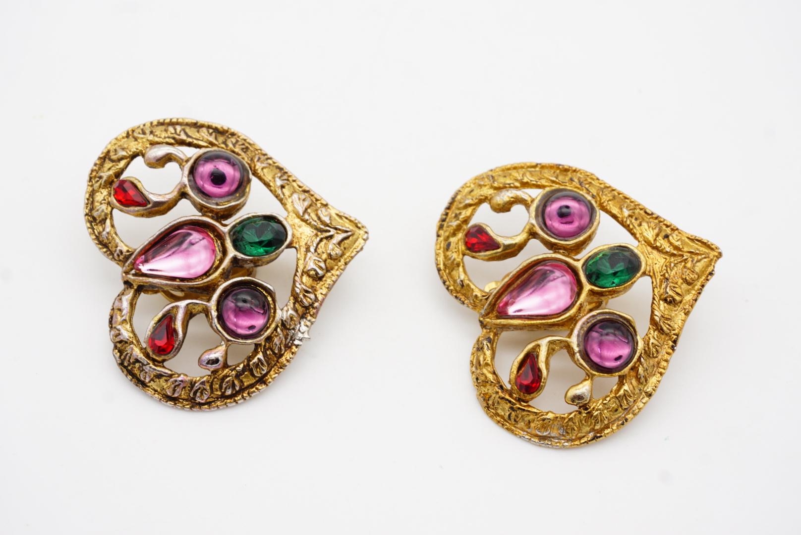 Christian Lacroix Vintage Large Amethyst Emerald Ruby Openwork Heart Earrings For Sale 7