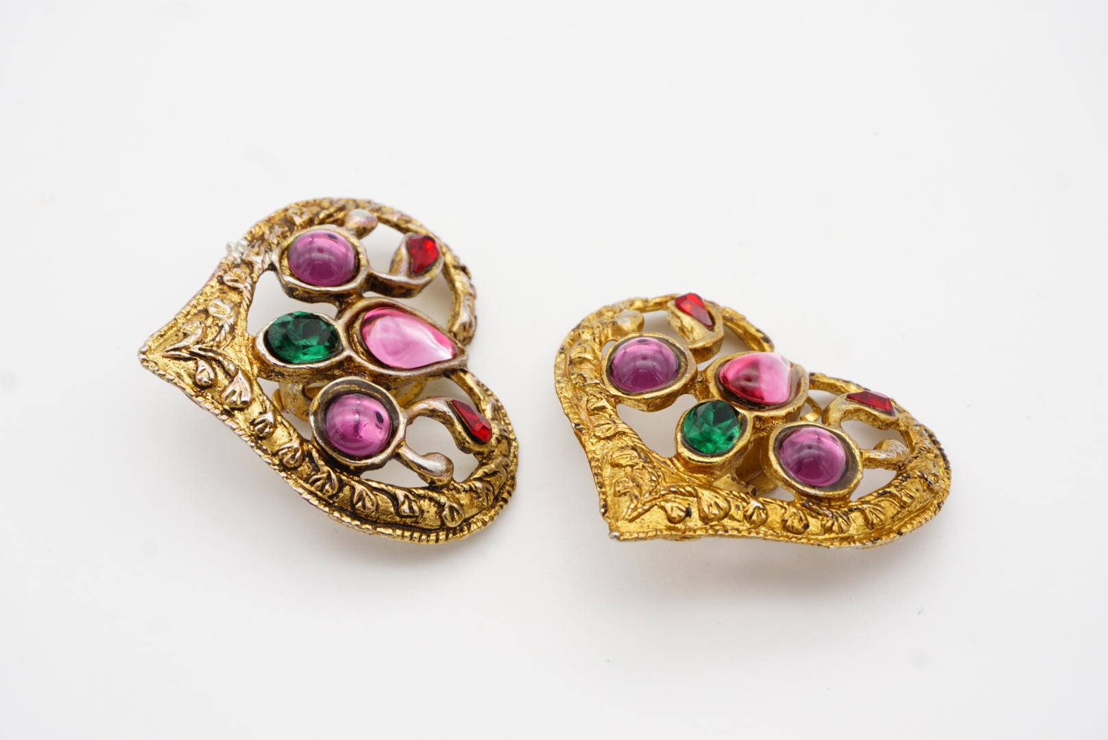 Christian Lacroix Vintage Large Amethyst Emerald Ruby Openwork Heart Earrings For Sale 8