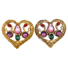 Christian Lacroix Vintage Large Amethyst Emerald Ruby Openwork Heart Earrings