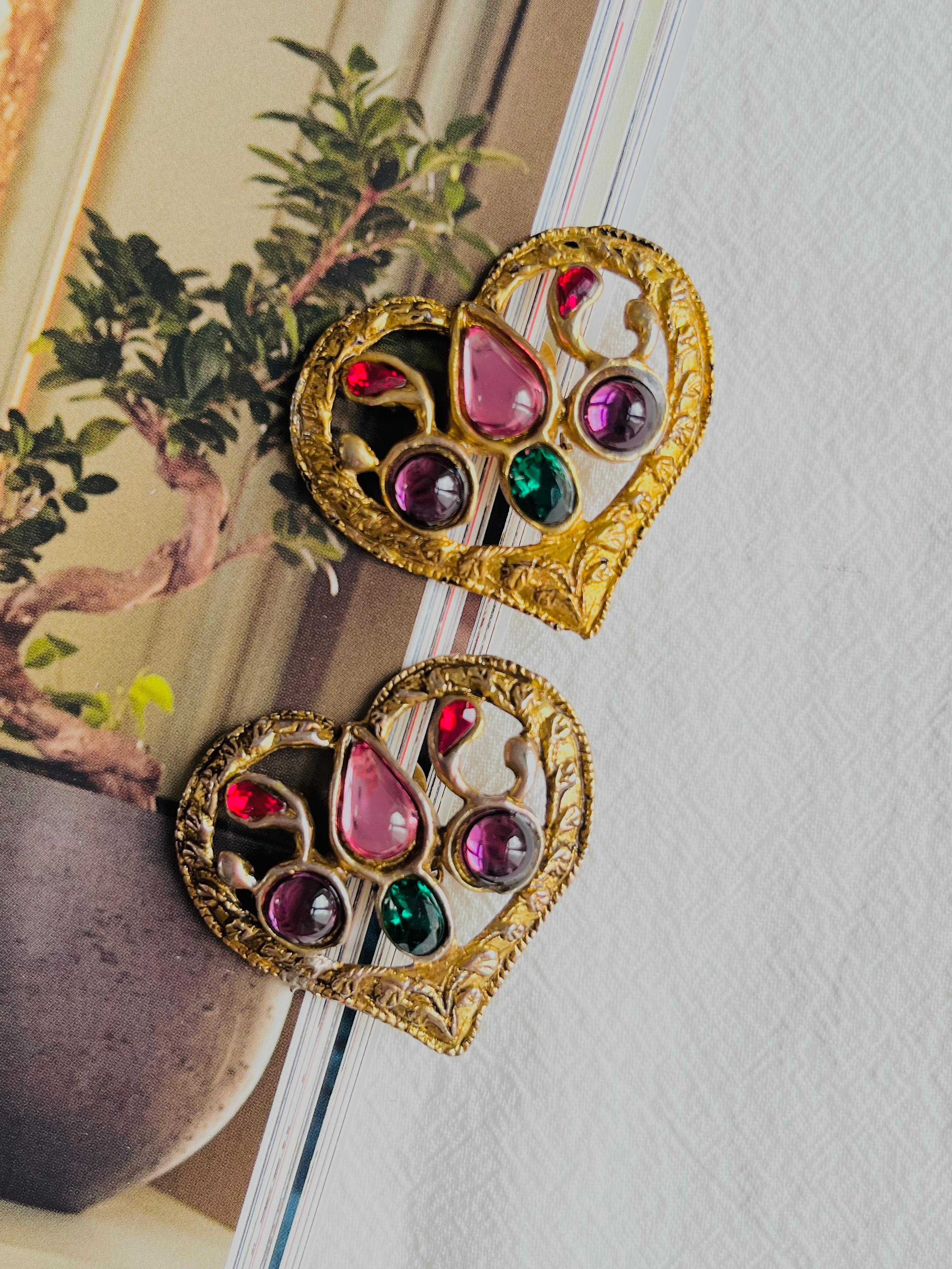 Art Deco Christian Lacroix Vintage Large Amethyst Emerald Ruby Openwork Heart Earrings For Sale