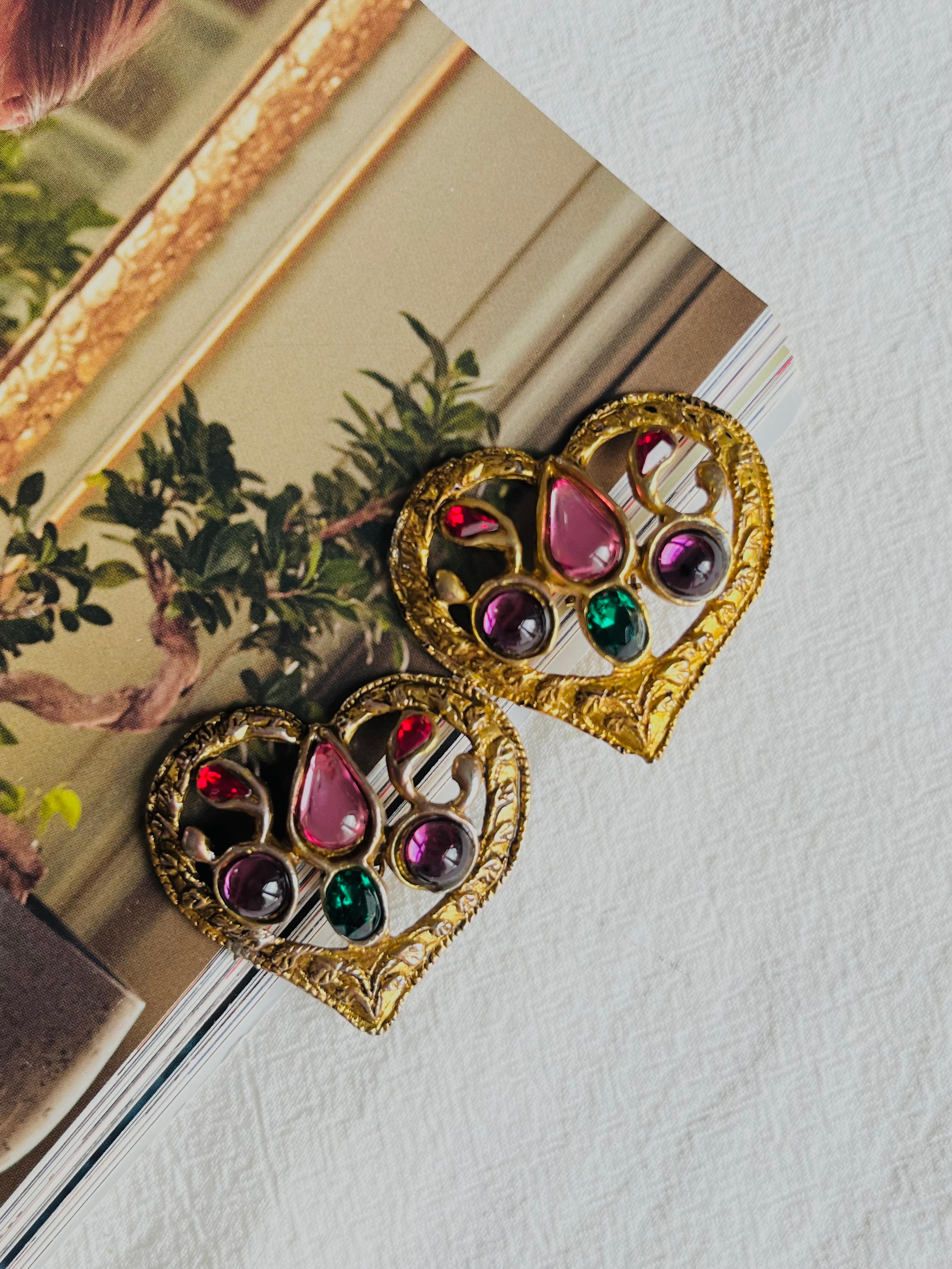Christian Lacroix Vintage Large Amethyst Emerald Ruby Openwork Heart Earrings In Good Condition For Sale In Wokingham, England