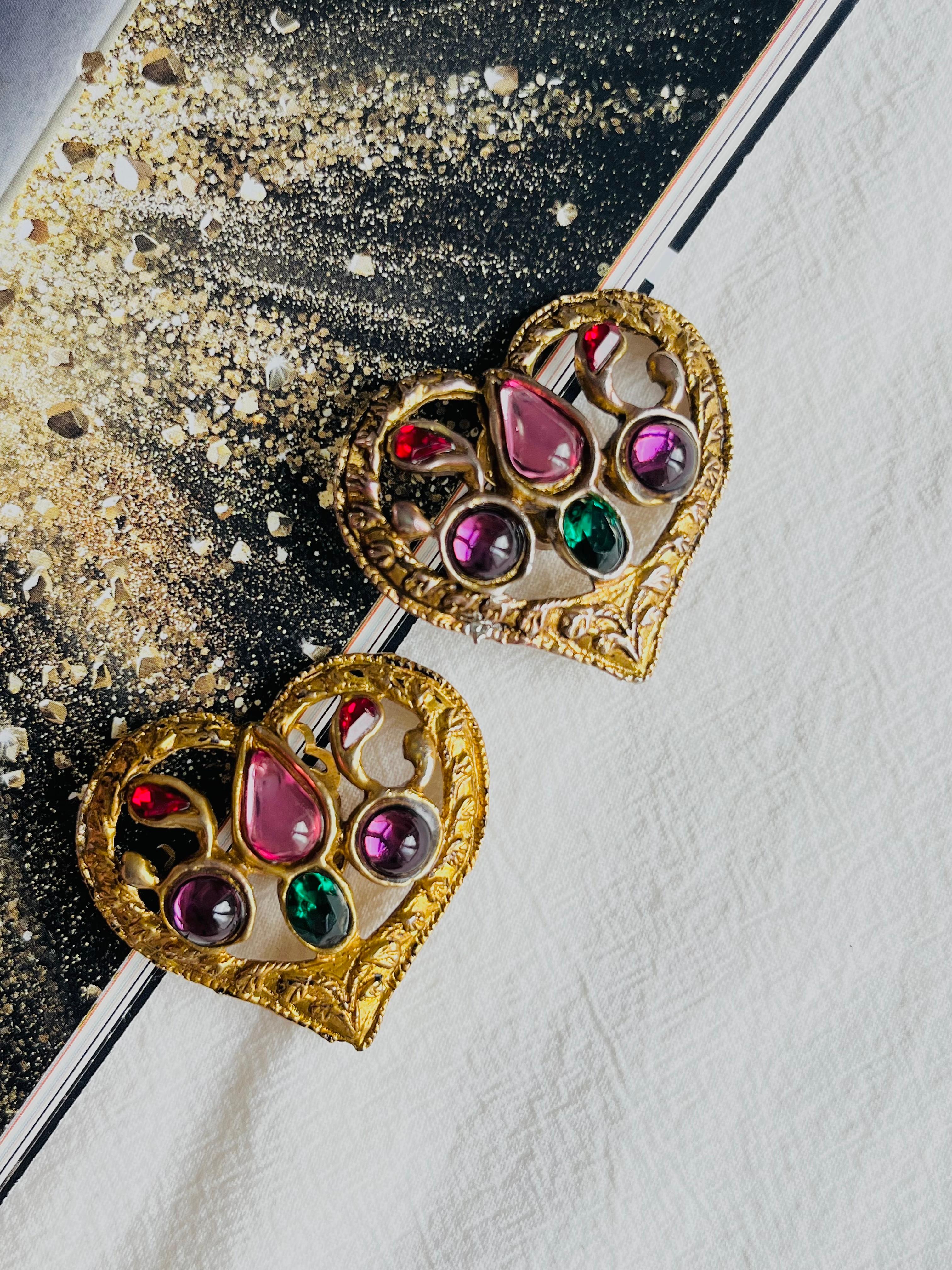 Women's or Men's Christian Lacroix Vintage Large Amethyst Emerald Ruby Openwork Heart Earrings For Sale