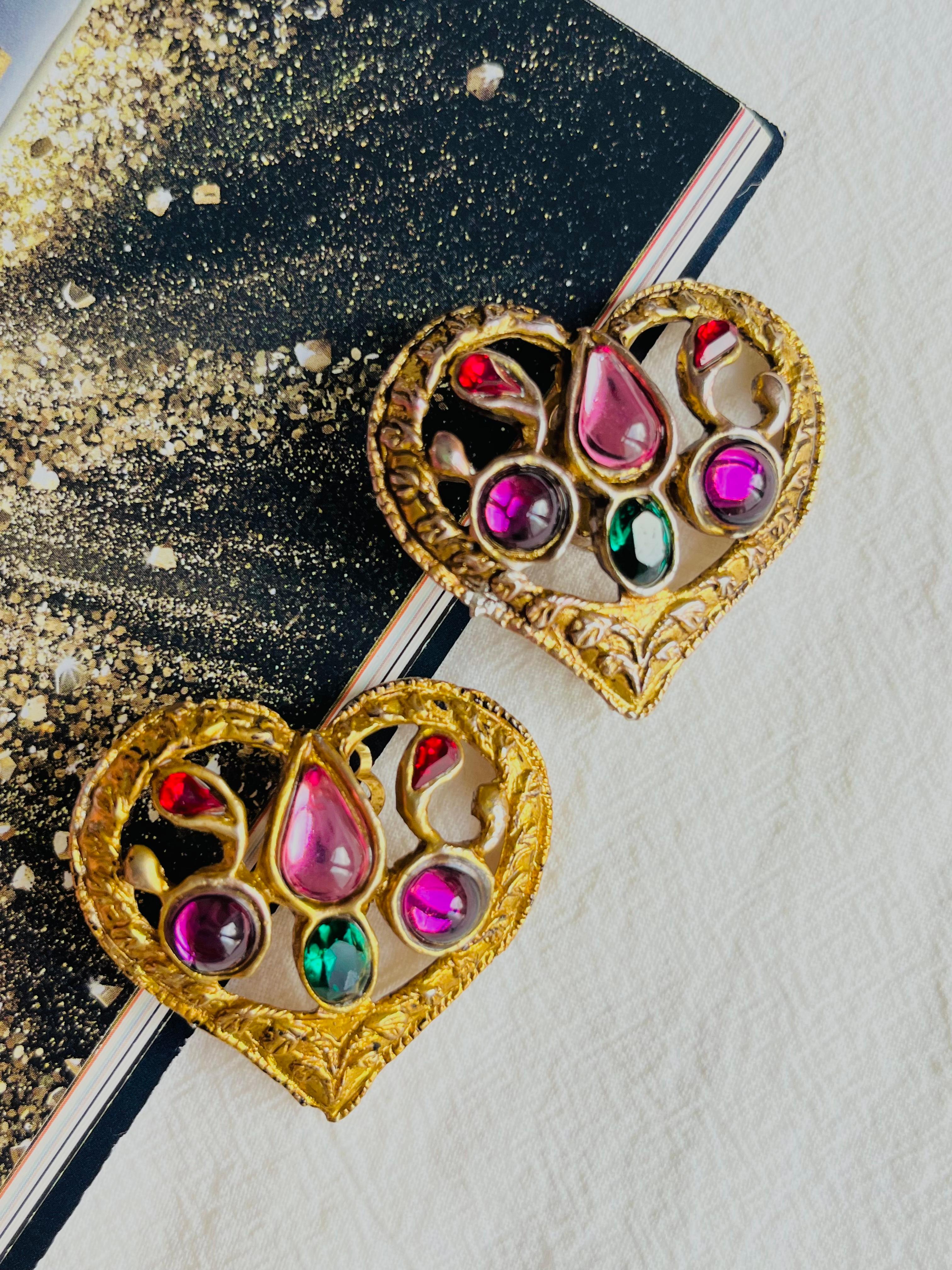 Christian Lacroix Vintage Large Amethyst Emerald Ruby Openwork Heart Earrings For Sale 1