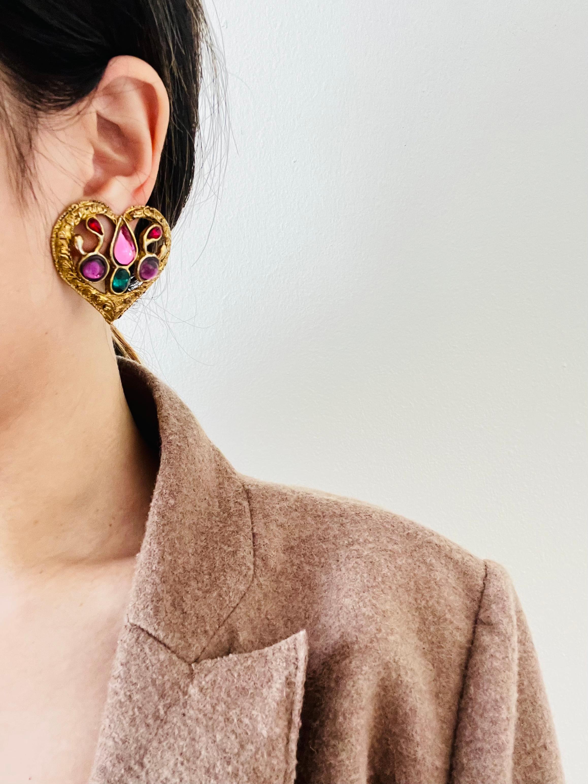 Christian Lacroix Vintage Large Amethyst Emerald Ruby Openwork Heart Earrings For Sale 4