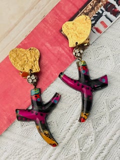 Christian Lacroix Vintage Large Cross Heart Crystals Purple Black Drop Earrings