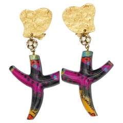 Christian Lacroix Vintage Large Cross Heart Crystals Purple Black Drop Earrings