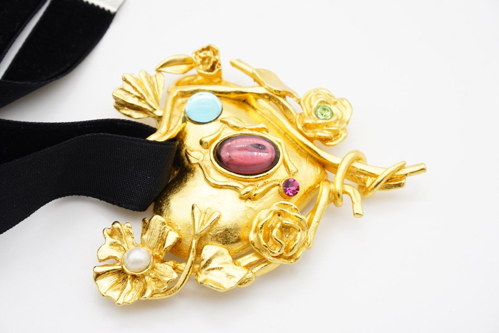 Christian Lacroix Vintage Large Flower Crystals Pearl Heart Mirror Gold Pendant 5