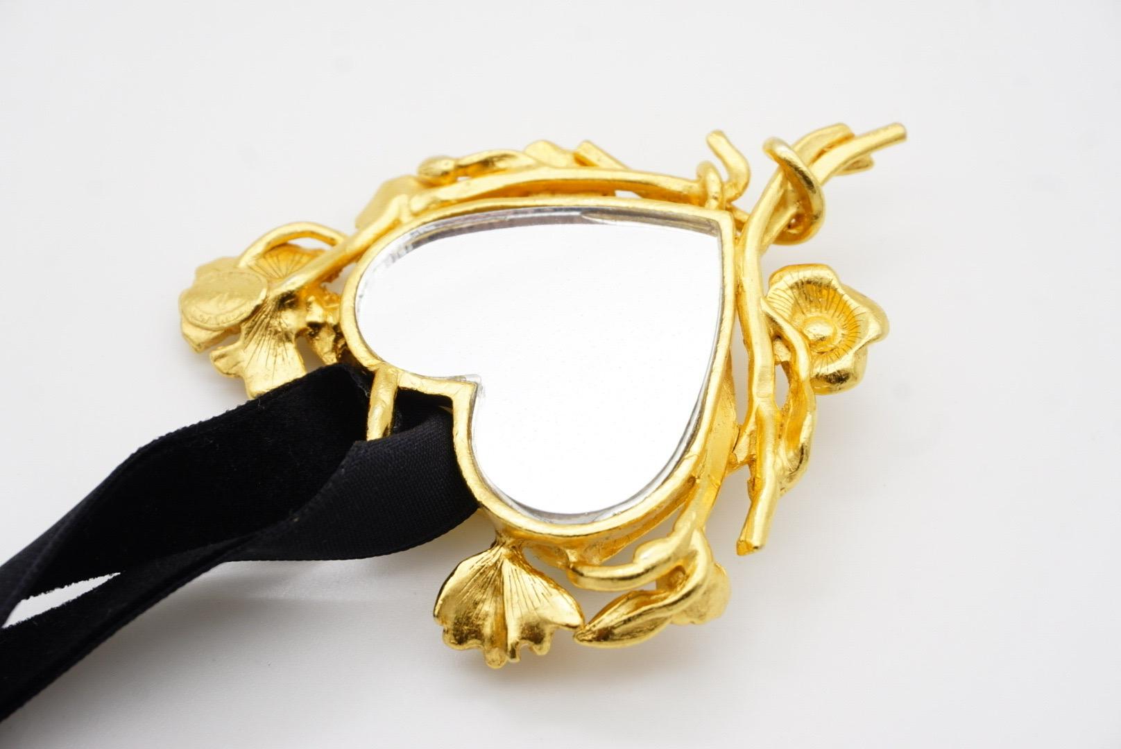 Christian Lacroix Vintage Large Flower Crystals Pearl Heart Mirror Gold Pendant For Sale 6