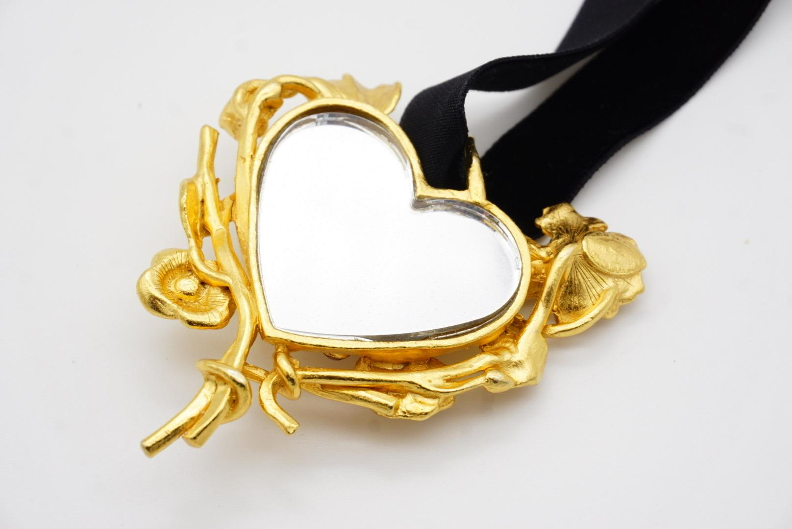 Christian Lacroix Vintage Large Flower Crystals Pearl Heart Mirror Gold Pendant For Sale 7