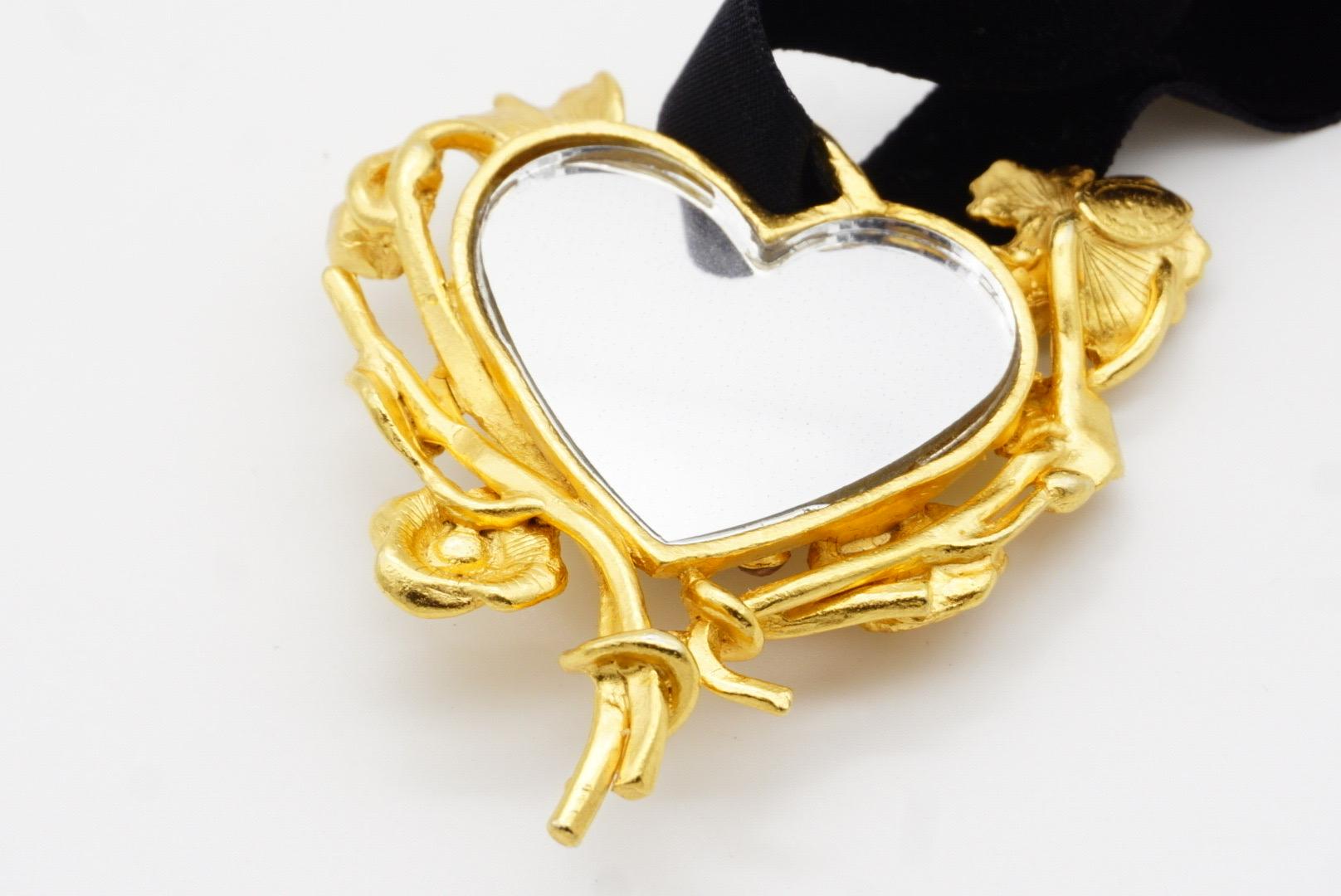 Christian Lacroix Vintage Large Flower Crystals Pearl Heart Mirror Gold Pendant For Sale 8