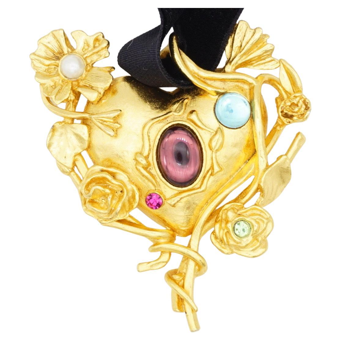 Christian Lacroix Vintage Baroque Large Intertwined Flower Oval Round Aqua Amethyst Emerald Blue Purple Green Crystals White Pearl Heart Mirror Chunky Necklace Pendant, Gold Plated

Very good condition. 100% genuine. Rare to find. Come with a