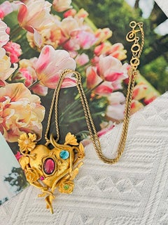 Christian Lacroix Vintage Large Flower Crystals Pearl Heart Mirror Gold Pendant