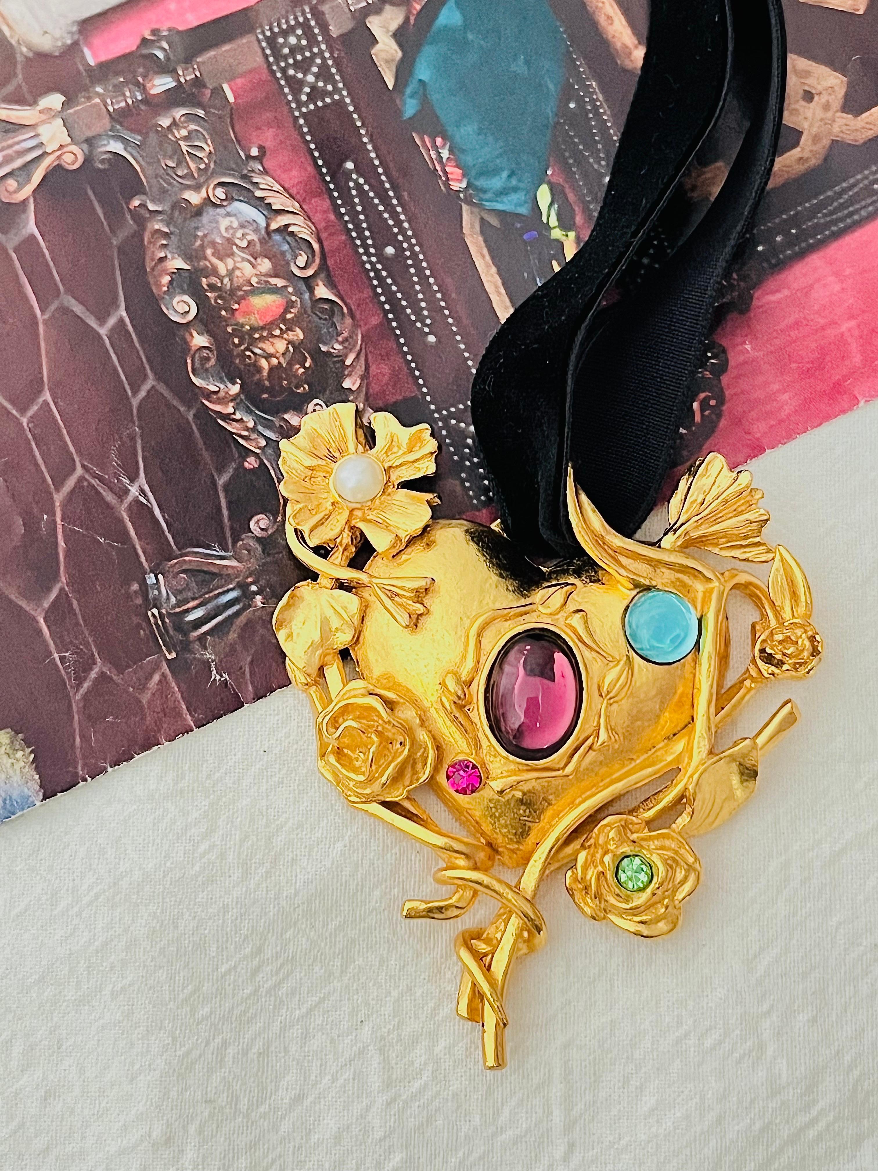 Art Deco Christian Lacroix Vintage Large Flower Crystals Pearl Heart Mirror Gold Pendant For Sale