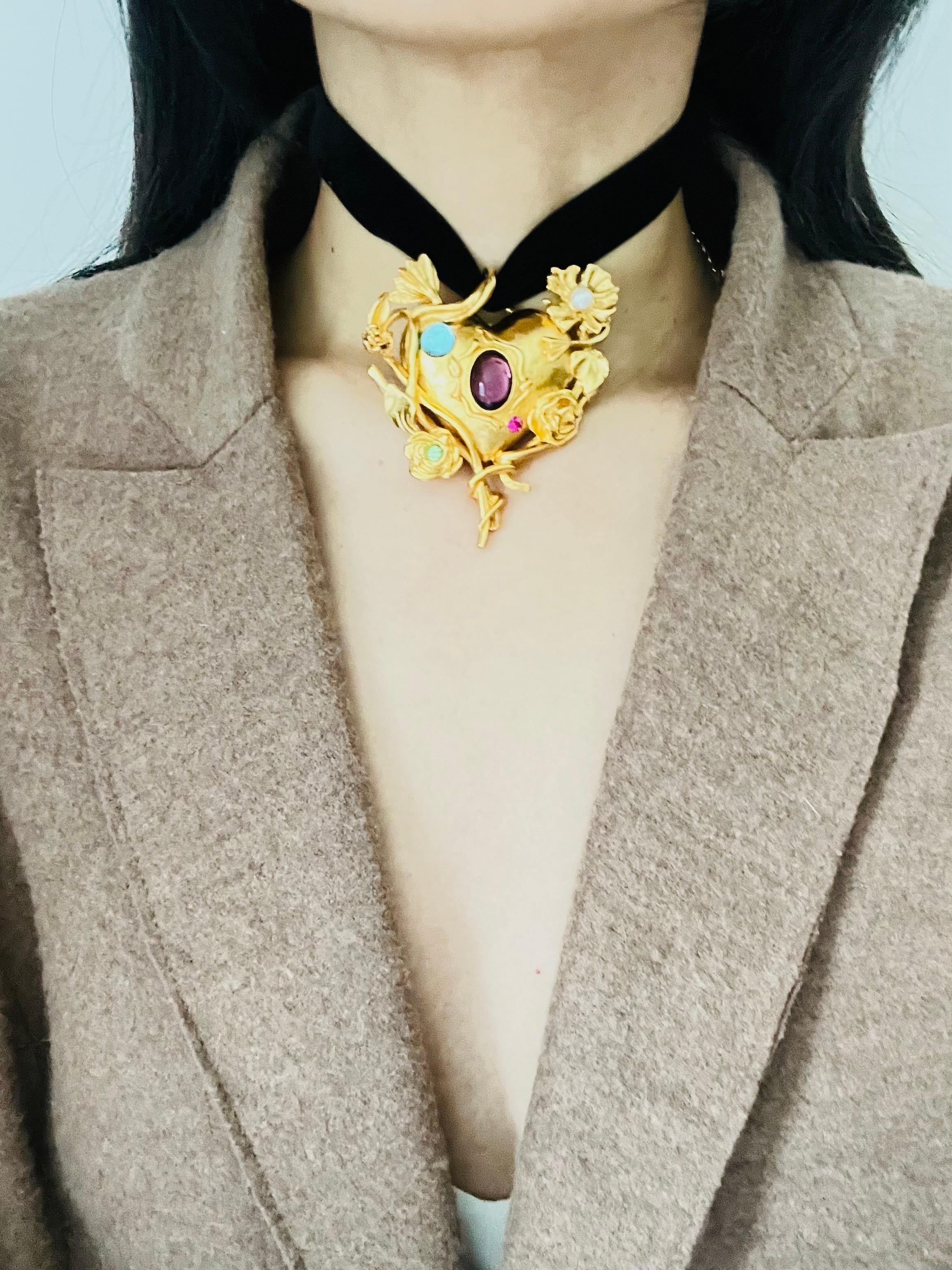 Christian Lacroix Vintage Large Flower Crystals Pearl Heart Mirror Gold Pendant For Sale 1