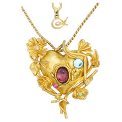 Christian Lacroix Vintage Large Flower Crystals Pearl Heart Mirror Gold Pendant