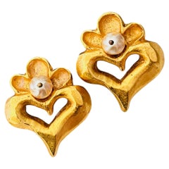 Christian Lacroix Vintage Large Gold White Pearl Heart Statement Earrings