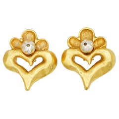 Christian Lacroix Vintage Large Heart Love White Pearl Flower Chunky Earrings