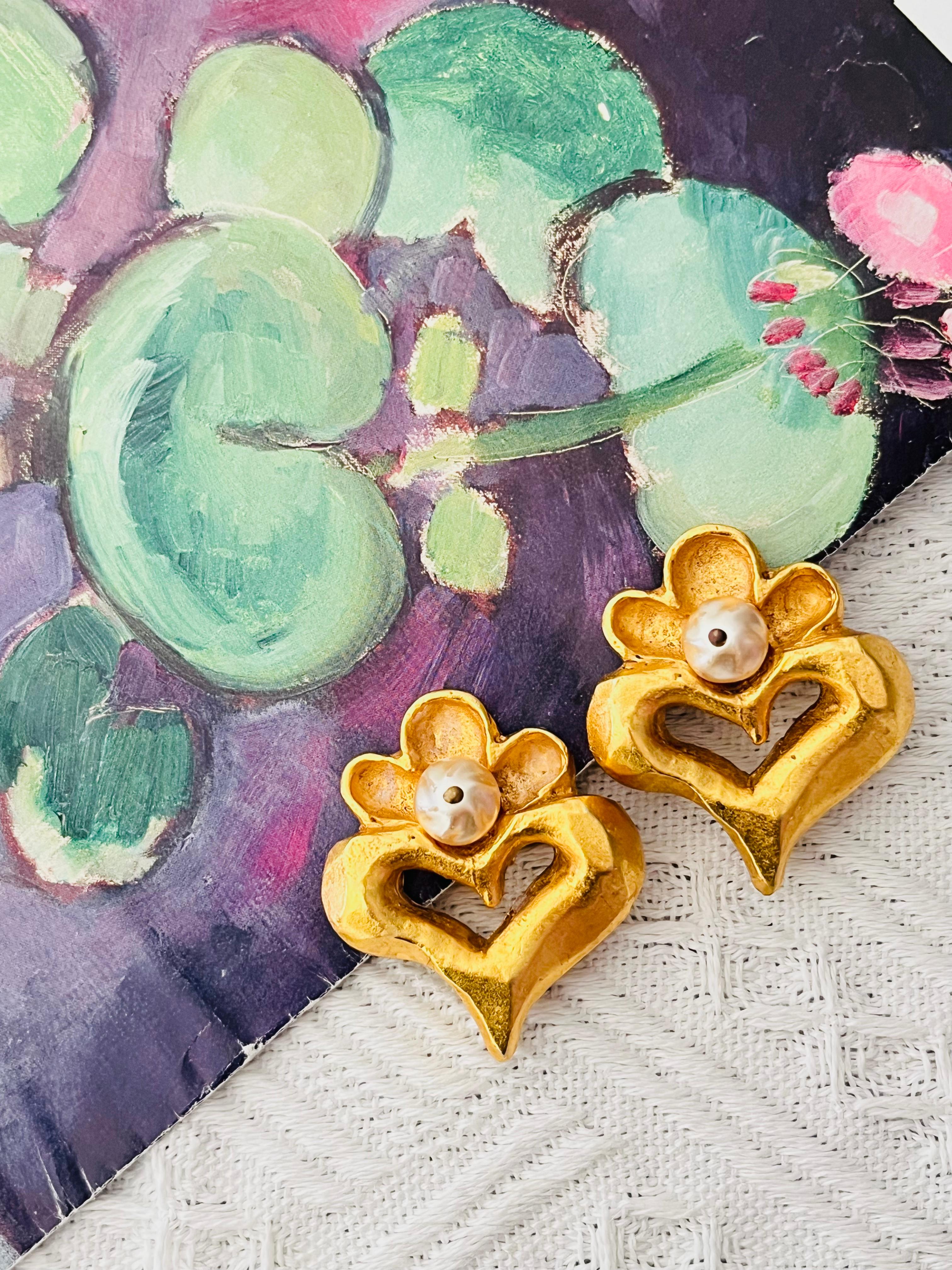 Art Deco Christian Lacroix Vintage Large Heart Love White Pearl Flower Chunky Earrings For Sale