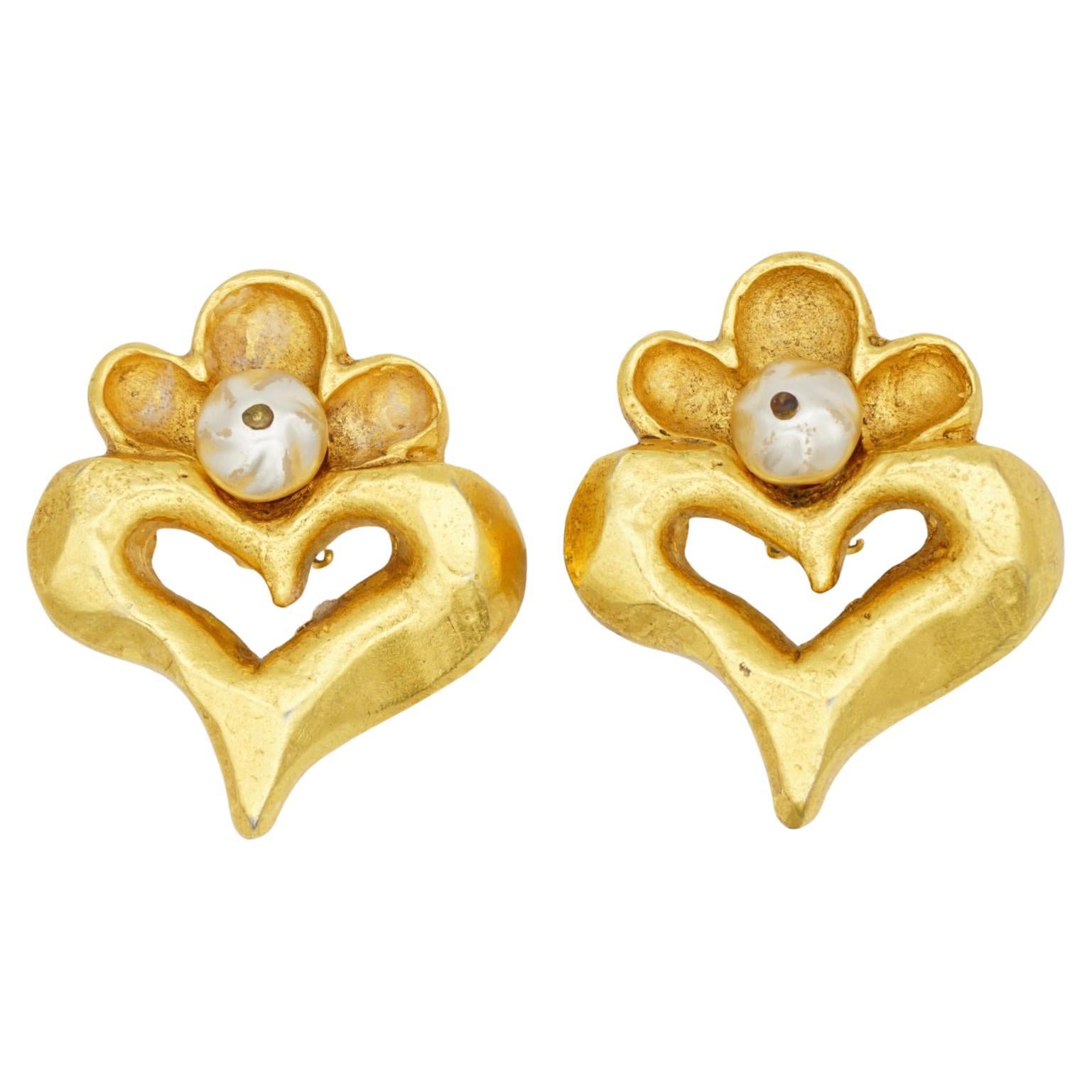 Christian Lacroix Vintage Large Heart Love White Pearl Flower Chunky Earrings