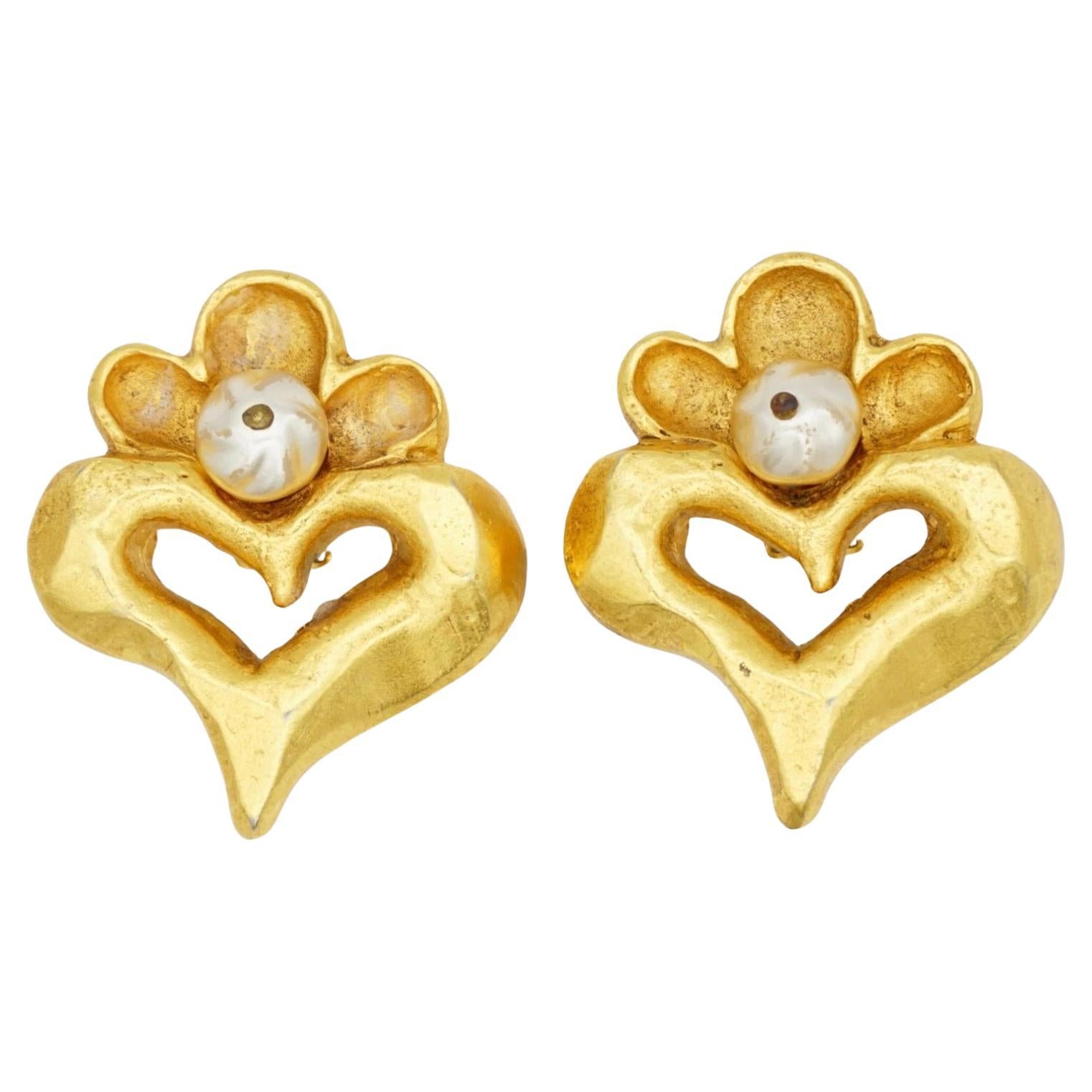 Christian Lacroix Vintage Large Heart Love White Pearl Flower Chunky Earrings For Sale