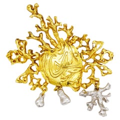 Christian Lacroix Vintage Large Logo Heart Coral Drop Charms Gold Silver Brooch