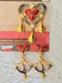Christian Lacroix Vintage Large Logo Red Blue Heart Anchor Drop Chunky Set
