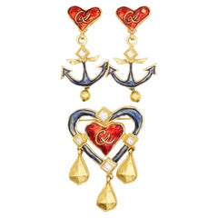 Christian Lacroix Vintage Large Logo Red Blue Heart Anchor Drop Chunky Set