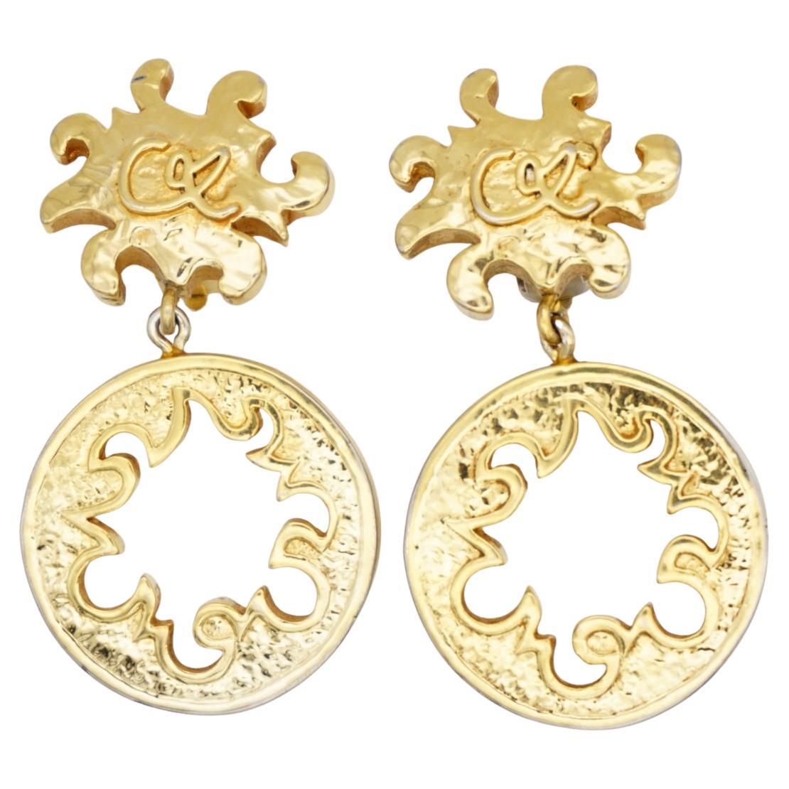 Christian Lacroix Vintage Logo Double Fire Flame Sun Circle Drop Clip Earrings im Angebot