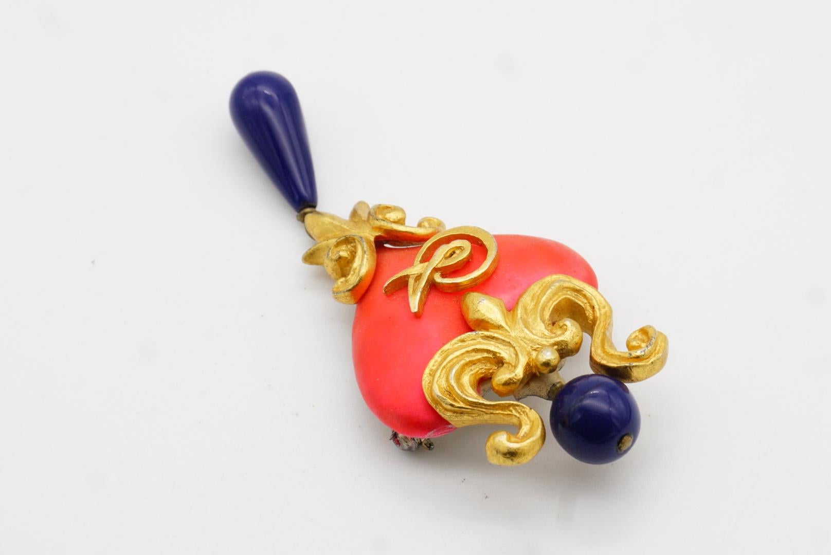 Christian Lacroix Vintage Logo Heart Fluorescent Pink Navy Water Drop Brooch (Broche goutte d'eau) en vente 7