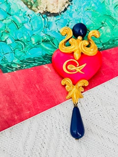 Christian Lacroix Vintage Logo Heart Fluorescent Pink Navy Water Drop Brooch