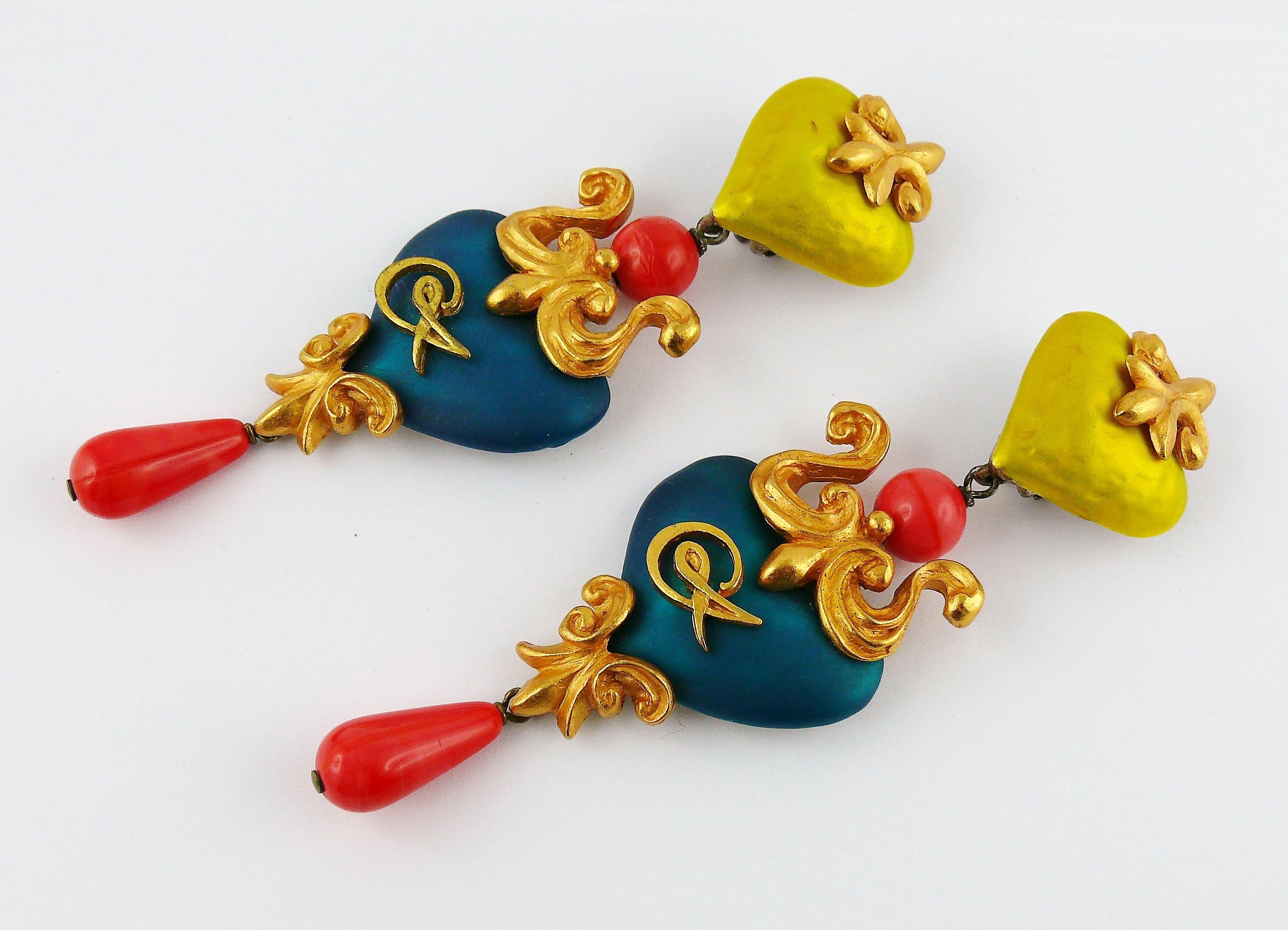 Christian Lacroix Vintage Long Baroque Enamel Heart Dangling Earrings In Good Condition In Nice, FR