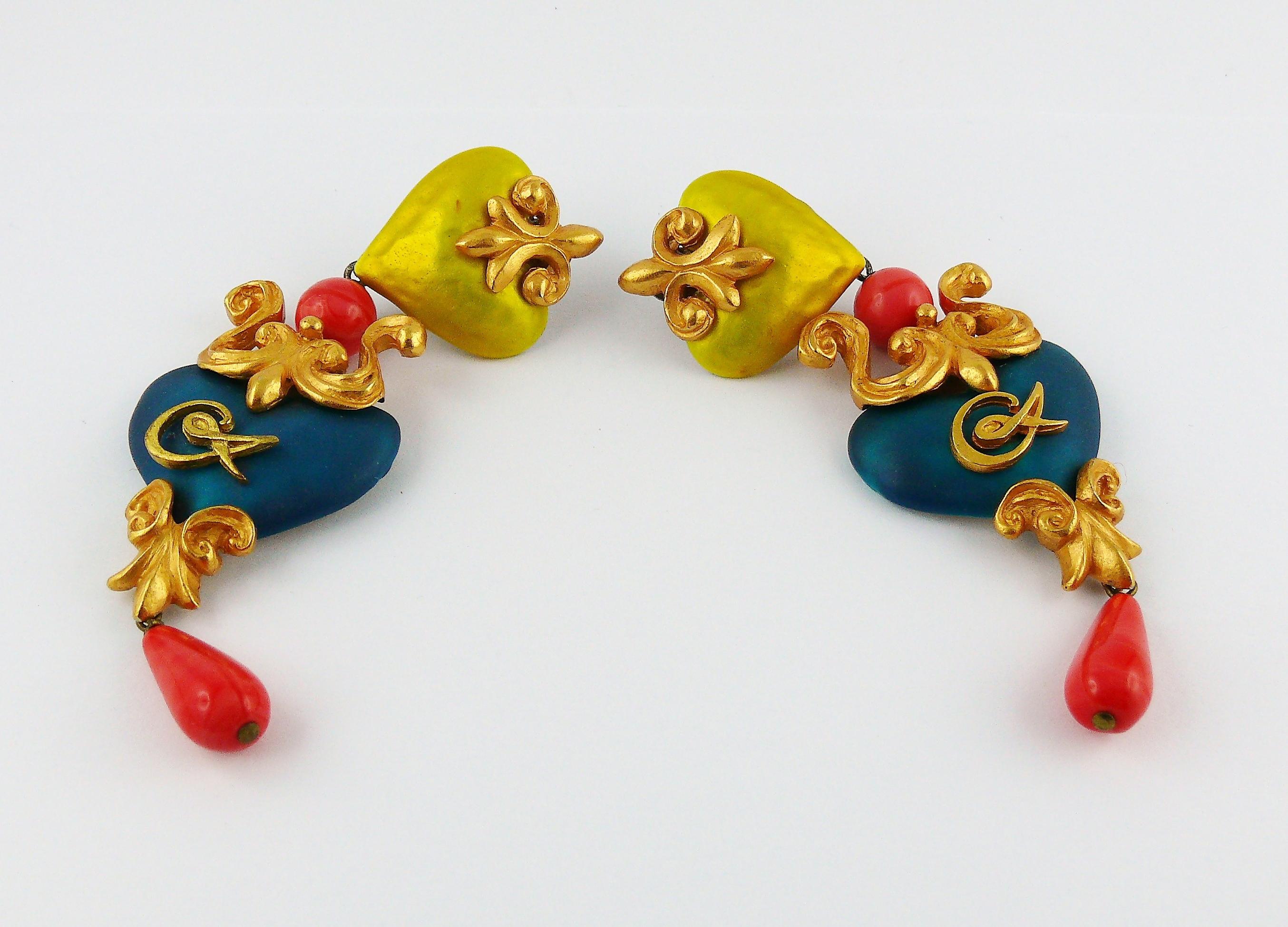 Christian Lacroix Vintage Long Baroque Enamel Heart Dangling Earrings 1