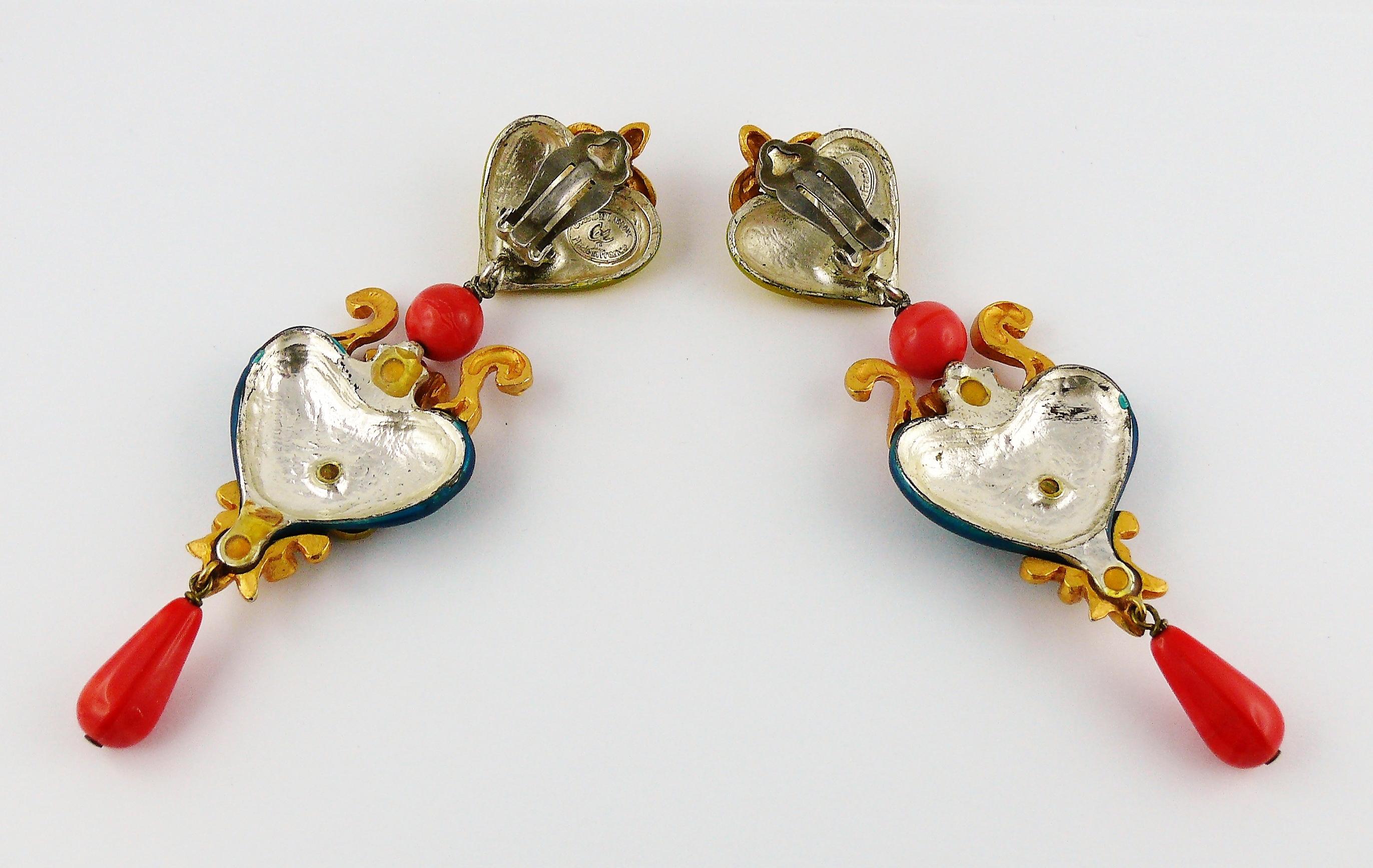 Christian Lacroix Vintage Long Baroque Enamel Heart Dangling Earrings 2