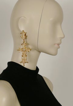 Christian Lacroix Vintage Long Enamel Cross Dangling Earrings