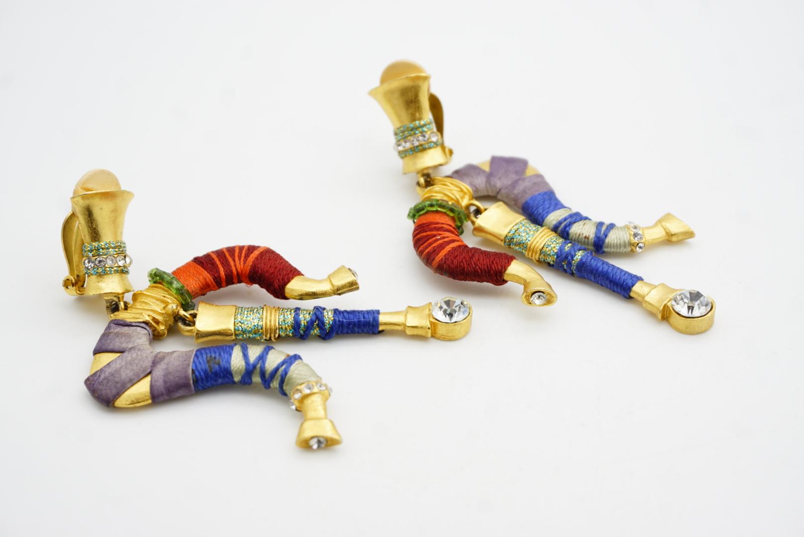 Christian Lacroix Vintage Masai Crystals Red Navy Green Dangle Chunky Earrings For Sale 5