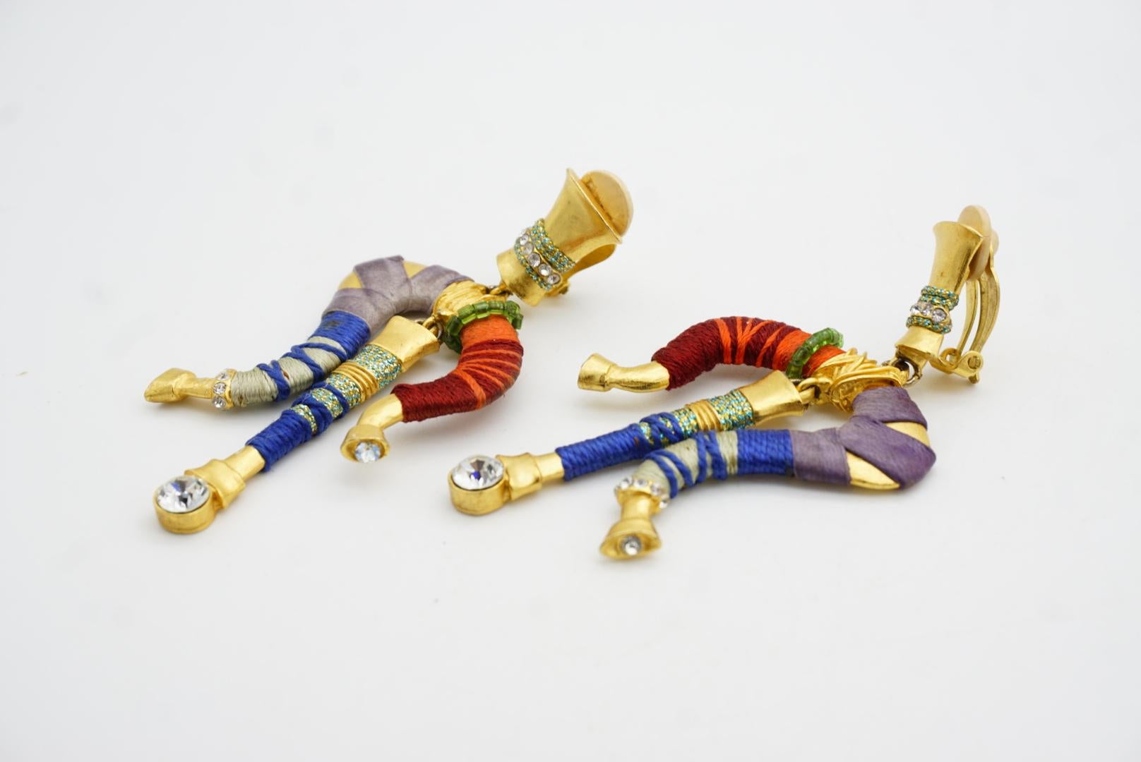 Christian Lacroix Vintage Masai Crystals Red Navy Green Dangle Chunky Earrings For Sale 6
