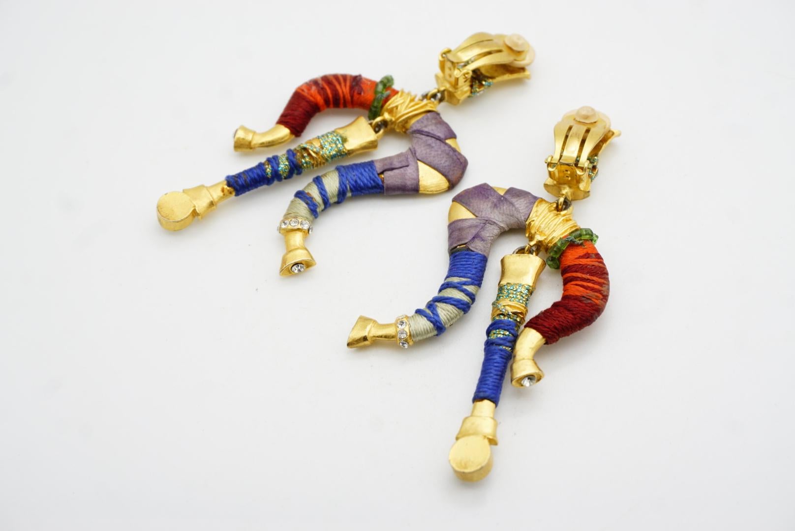 Christian Lacroix Vintage Masai Crystals Red Navy Green Dangle Chunky Earrings For Sale 7